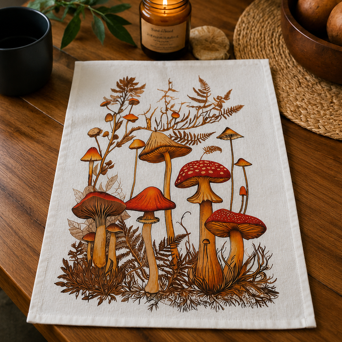 SLT123 - Woodland Mushroom Botanical Flour Sack Tea Towel