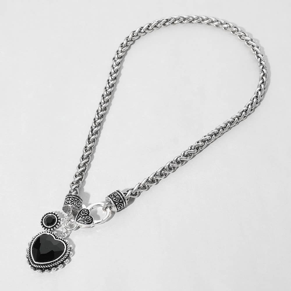 Heart Stone Pointed Pendant Antique Metal Necklace