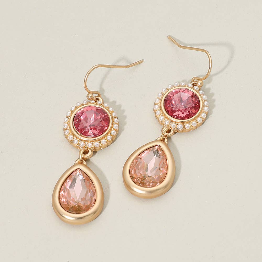 Pearl Trim Round Stone Faceted Teardrop Cluster Link Drop Earrings