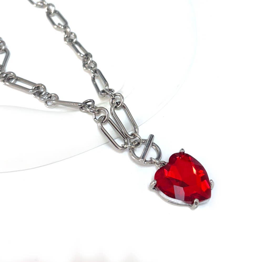 Love Heart Crystal Glass Charm Chain Link Toggle Necklace