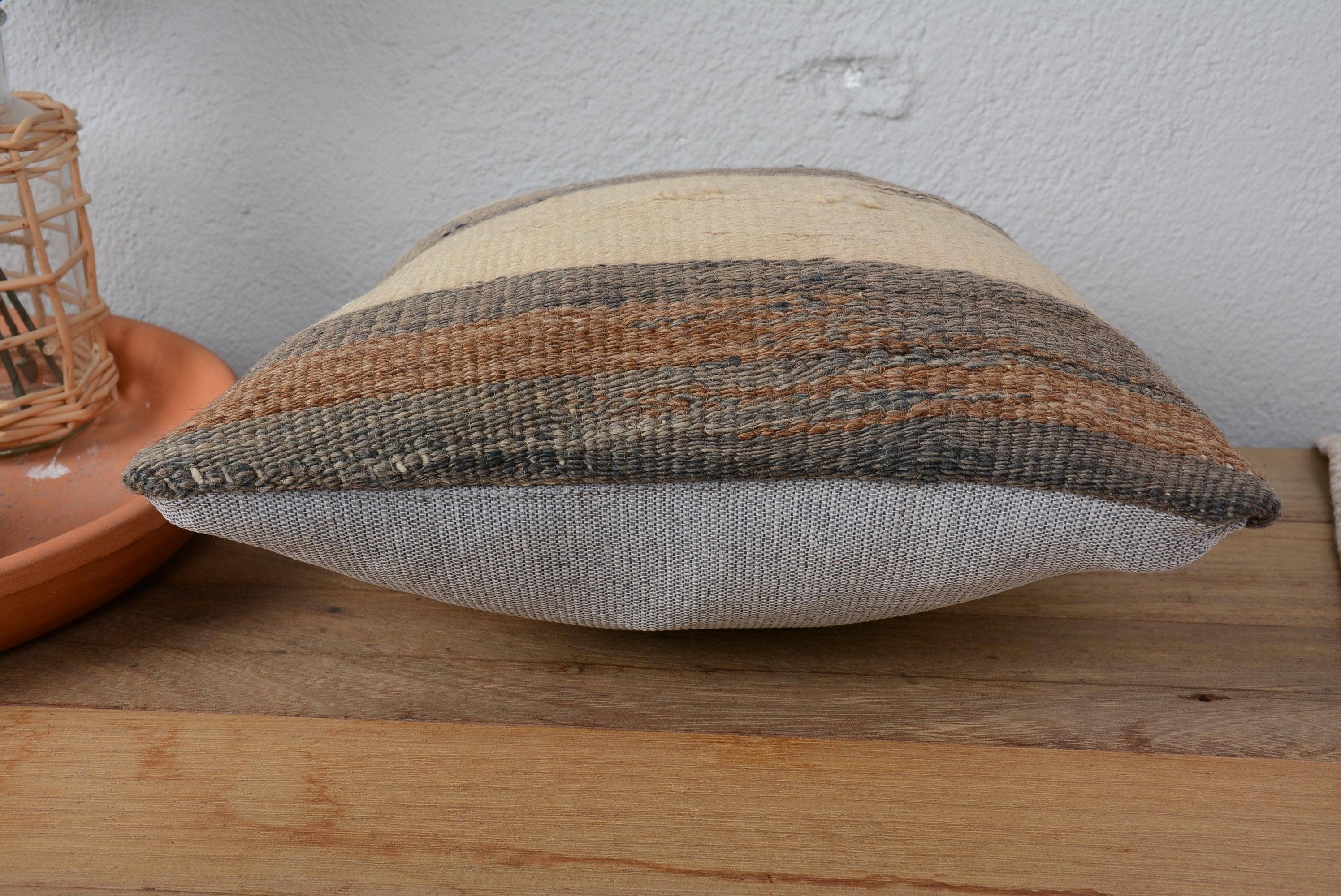 7111. Turkish Kilim Rug Pillow 12x12 for Sofa Beige Rustic Striped