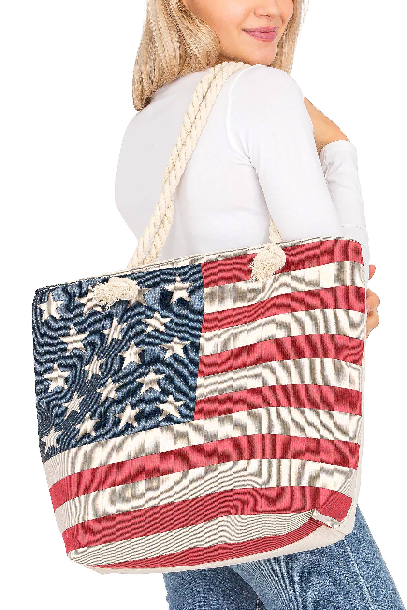 6209. American Flag Zippered Burlap Canvas Tote Bag