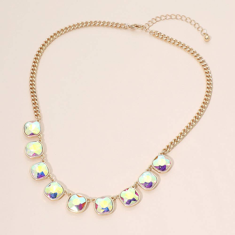 Faceted Square Gem Charm Station Necklace