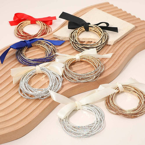 12PCS - Ribbon Slim Rhinestone Stretch Multi Layered Bracelet