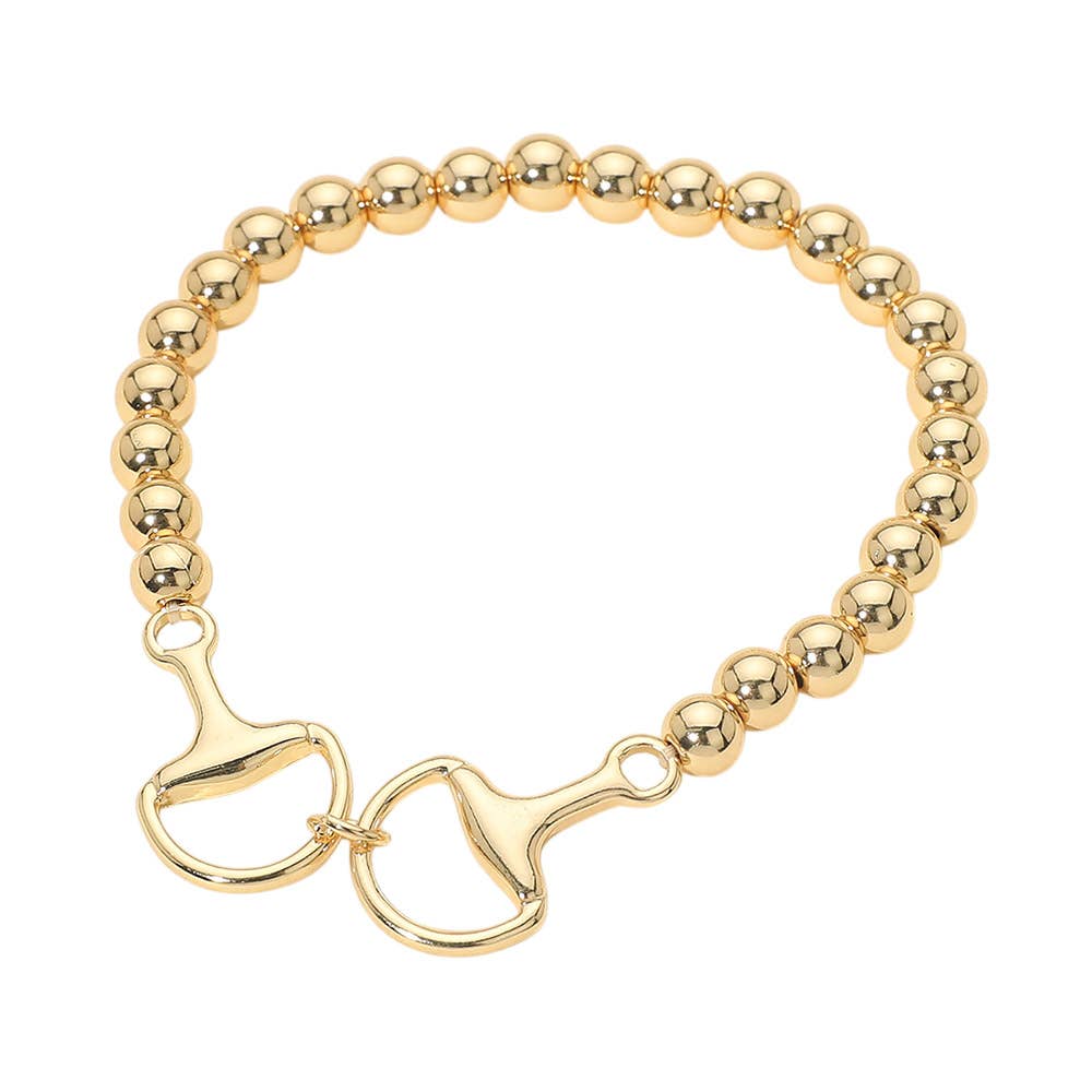 Metal Horsebit Link Accent Ball Beaded Stretch Bracelet