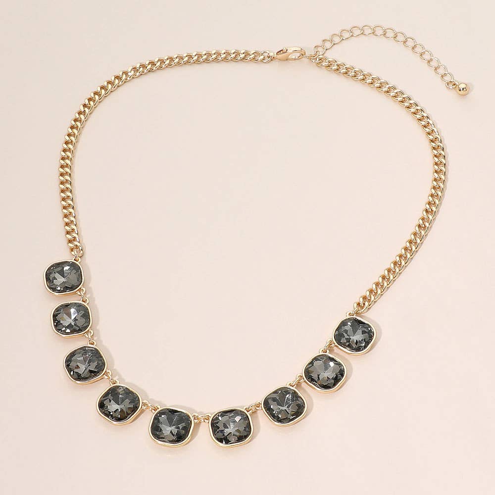 Faceted Square Gem Charm Station Necklace