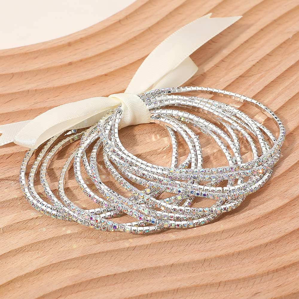 12PCS - Ribbon Slim Rhinestone Stretch Multi Layered Bracelet