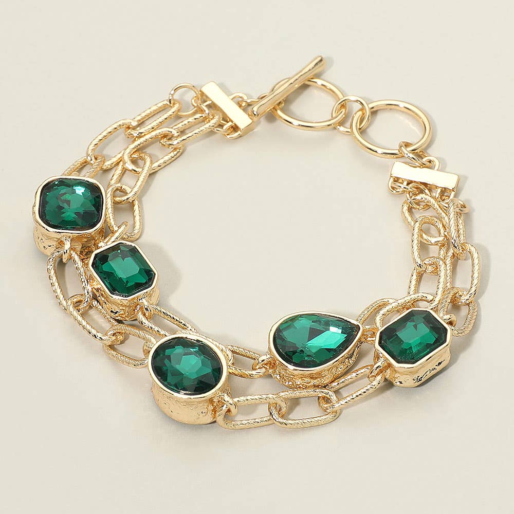 Faceted Oval Teardrop Rectangular Stone Cluster Link Metal Chain Layered Bracelet