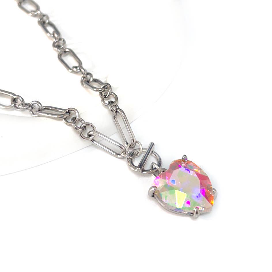 Love Heart Crystal Glass Charm Chain Link Toggle Necklace