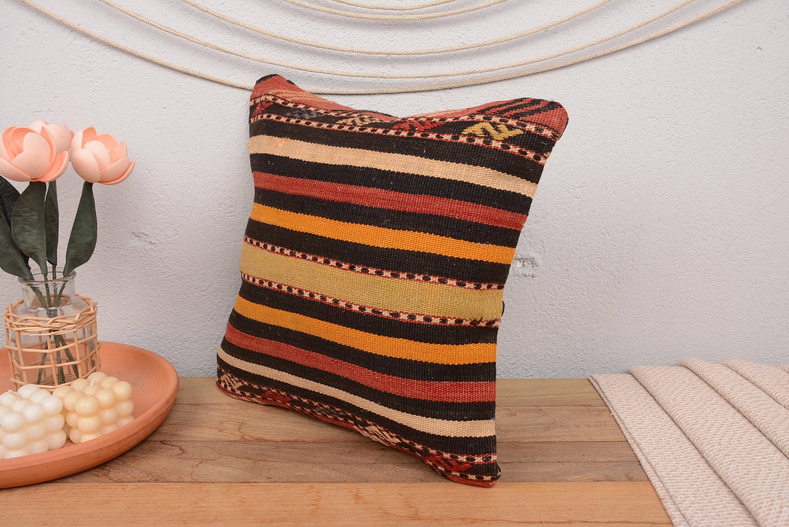 Boho Turkish Kilim Pillow Sham Cover 16x16 Vintage Striped