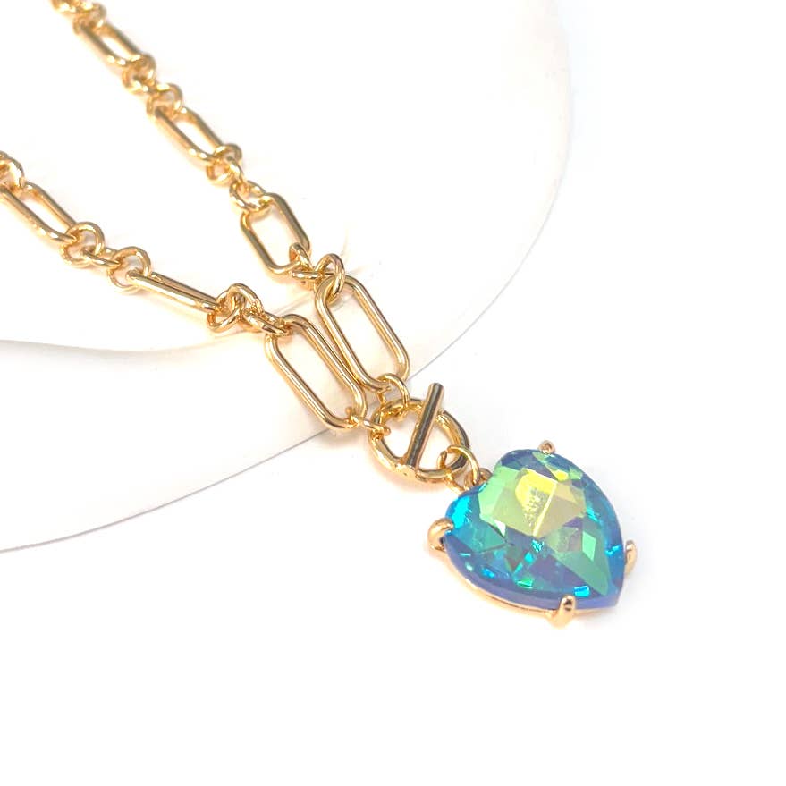 Love Heart Crystal Glass Charm Chain Link Toggle Necklace