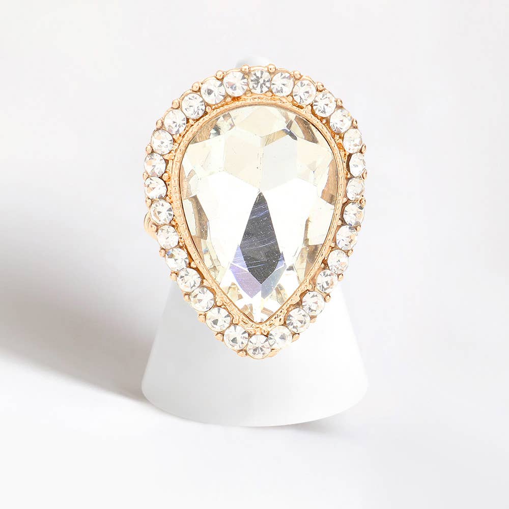Crystal rhinestone teardrop stretch cocktail ring