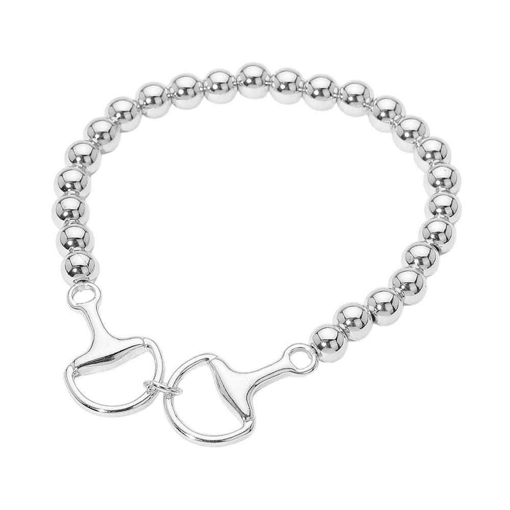 Metal Horsebit Link Accent Ball Beaded Stretch Bracelet