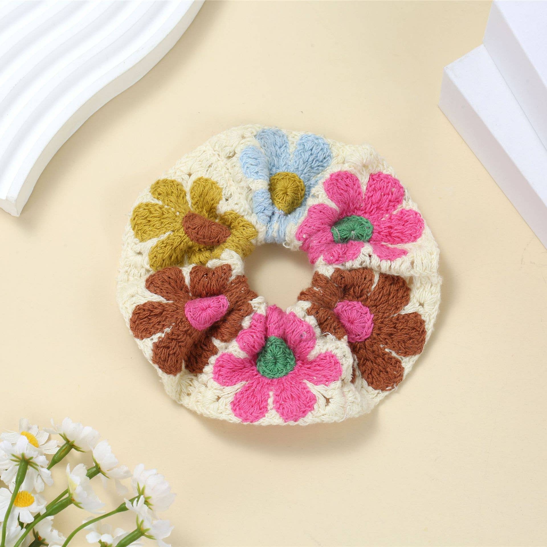 Boho Colorful Handmade Crochet Flower Hair Tie