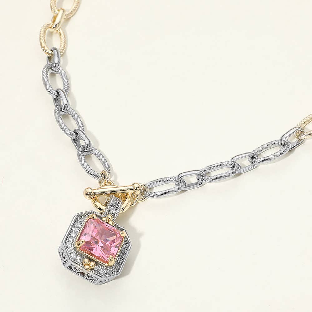 14K Gold Plated Two Tone Chunky Square CZ Pendant Toggle Necklace