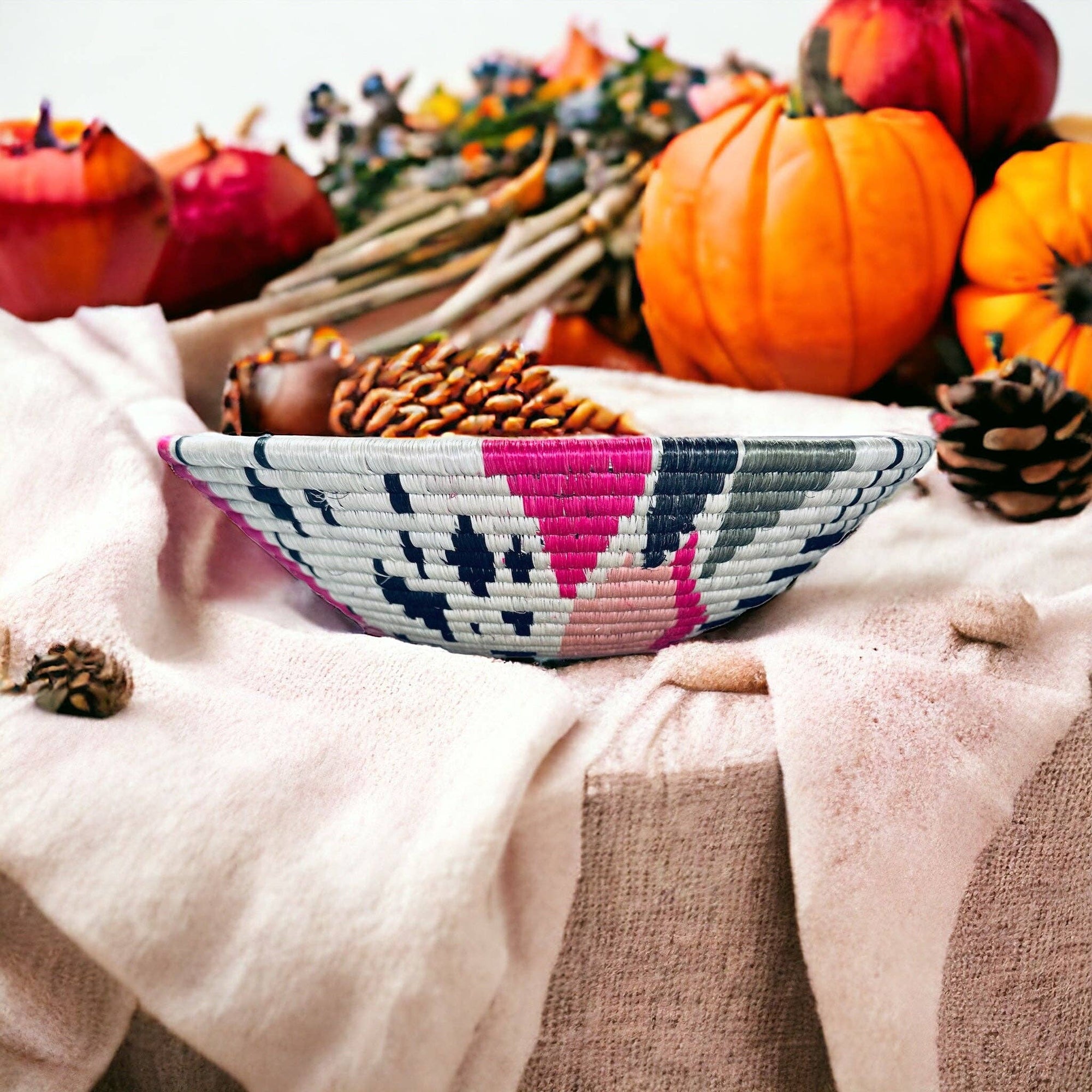 African  Rwanda Woven Basket - Mwiza Pink & White