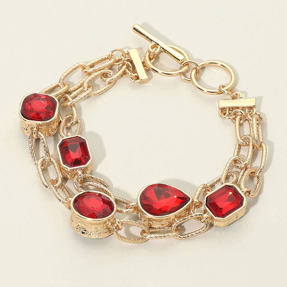 Faceted Oval Teardrop Rectangular Stone Cluster Link Metal Chain Layered Bracelet