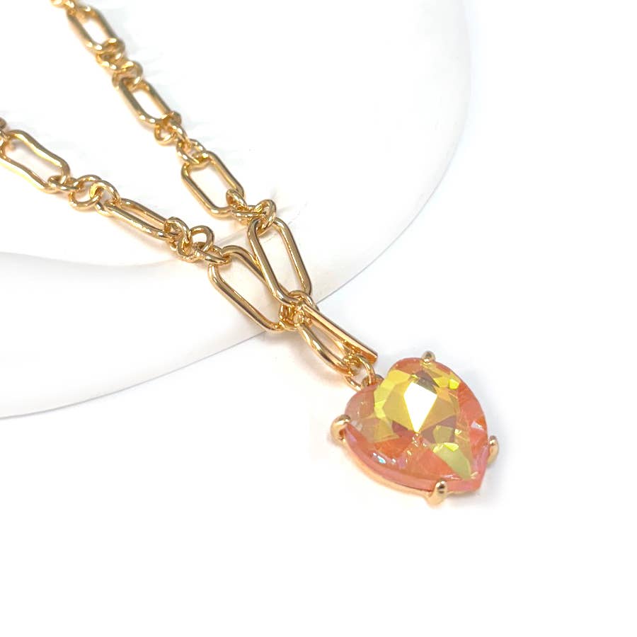 Love Heart Crystal Glass Charm Chain Link Toggle Necklace