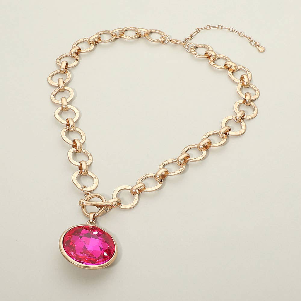 Bold Oval Gemstone Pendant Brushed Metal Chunky Chain Toggle Necklace