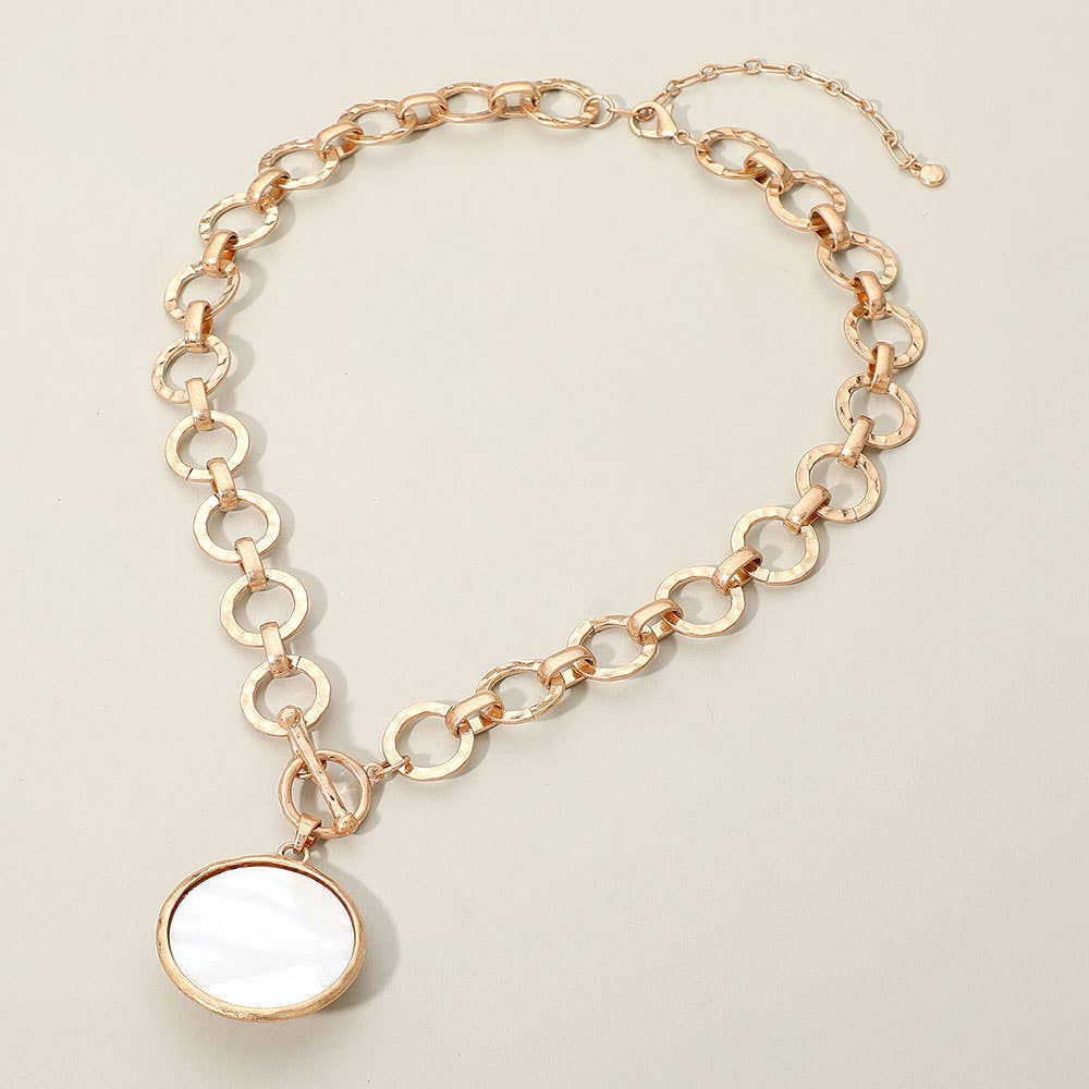 Bold Oval Gemstone Pendant Brushed Metal Chunky Chain Toggle Necklace