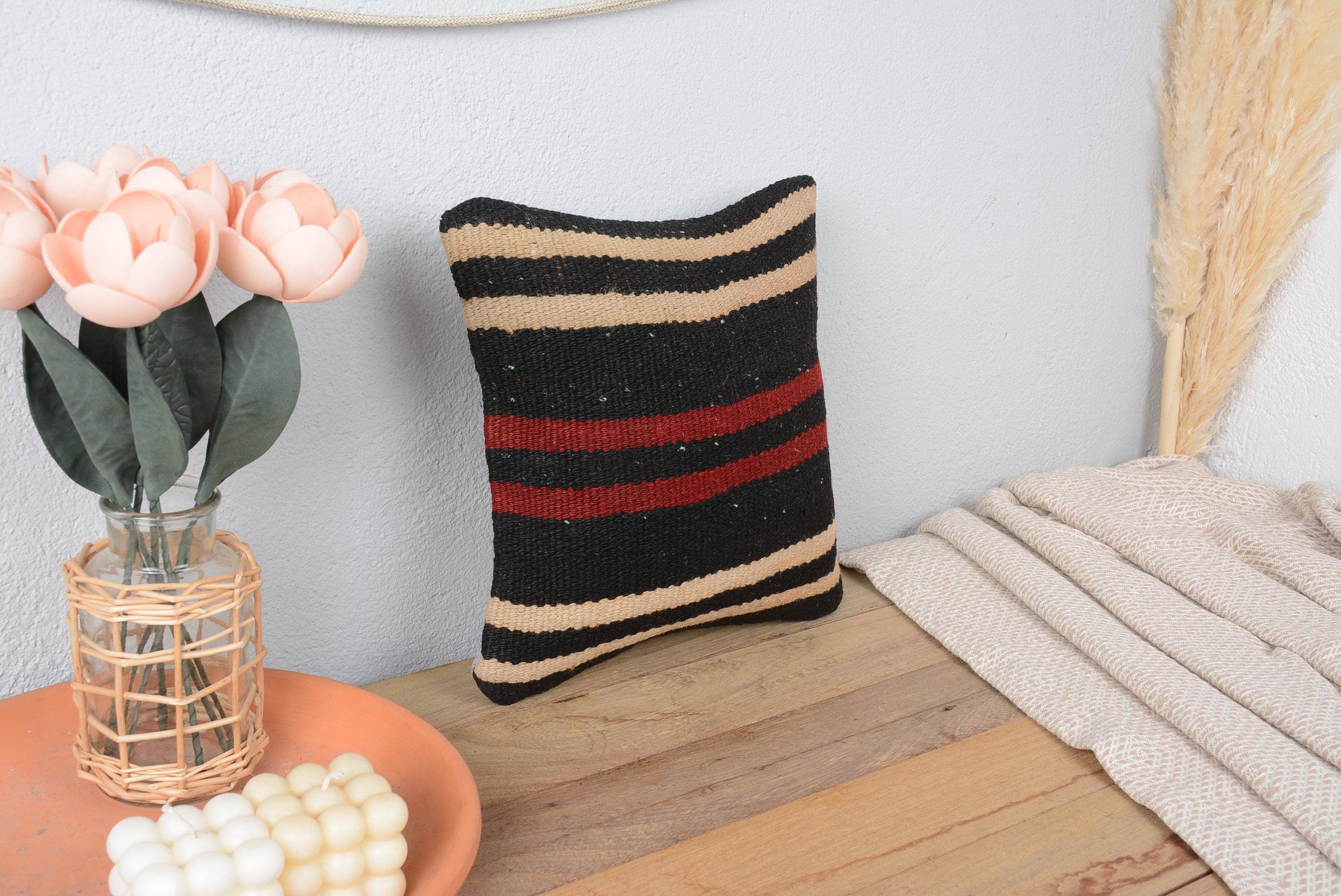 Turkish Kilim Cushion Sham 12x12 Brown Striped