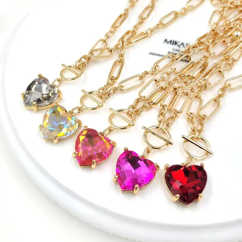 Love Heart Crystal Glass Charm Chain Link Toggle Necklace