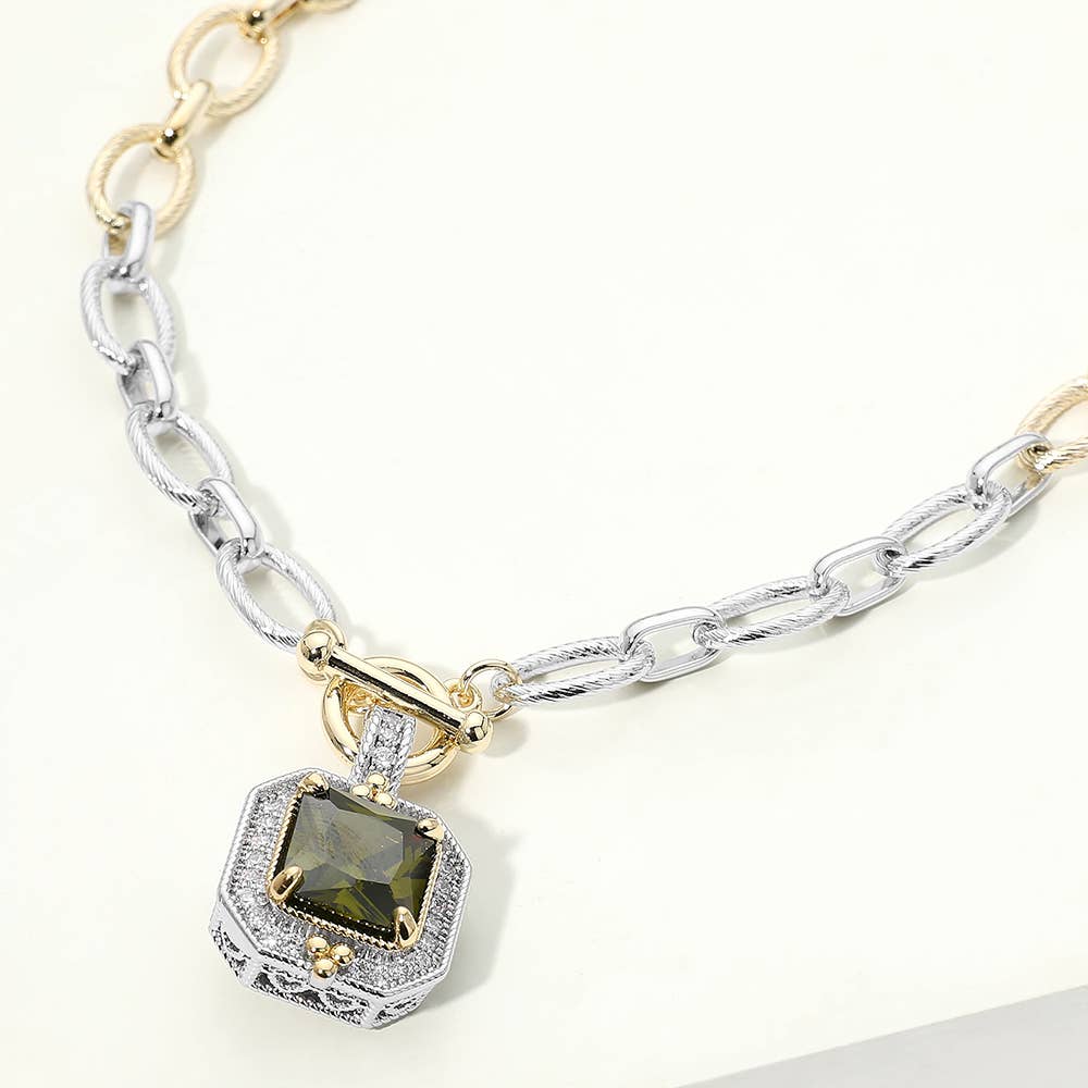 14K Gold Plated Two Tone Chunky Square CZ Pendant Toggle Necklace