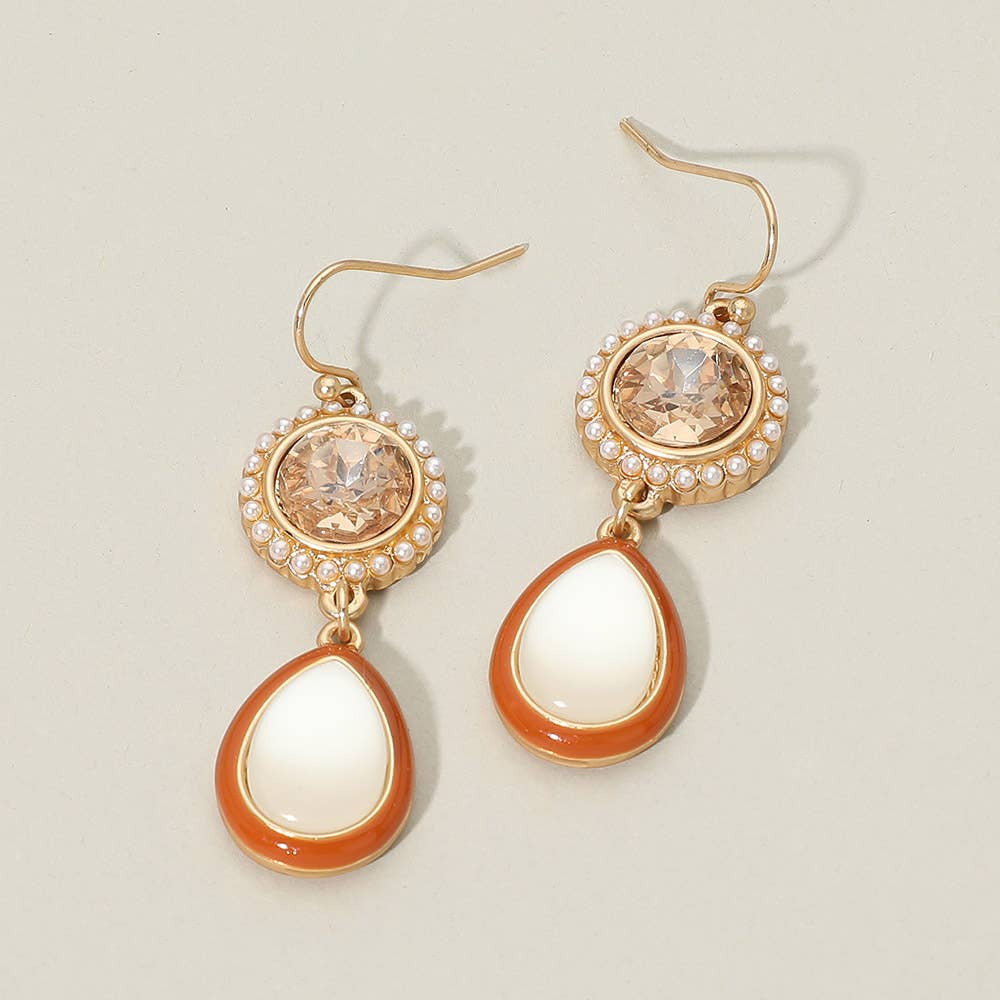 Pearl Trim Round Stone Faceted Teardrop Cluster Link Drop Earrings