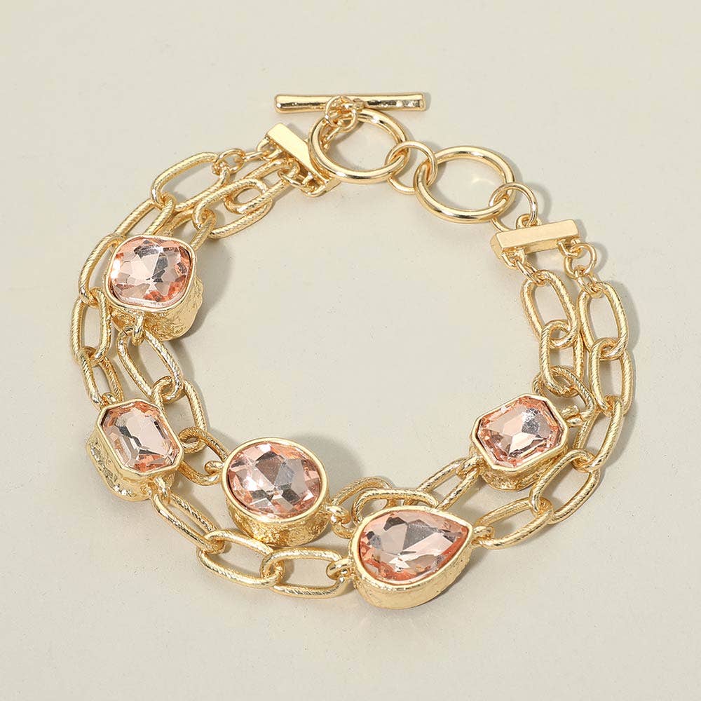 Faceted Oval Teardrop Rectangular Stone Cluster Link Metal Chain Layered Bracelet