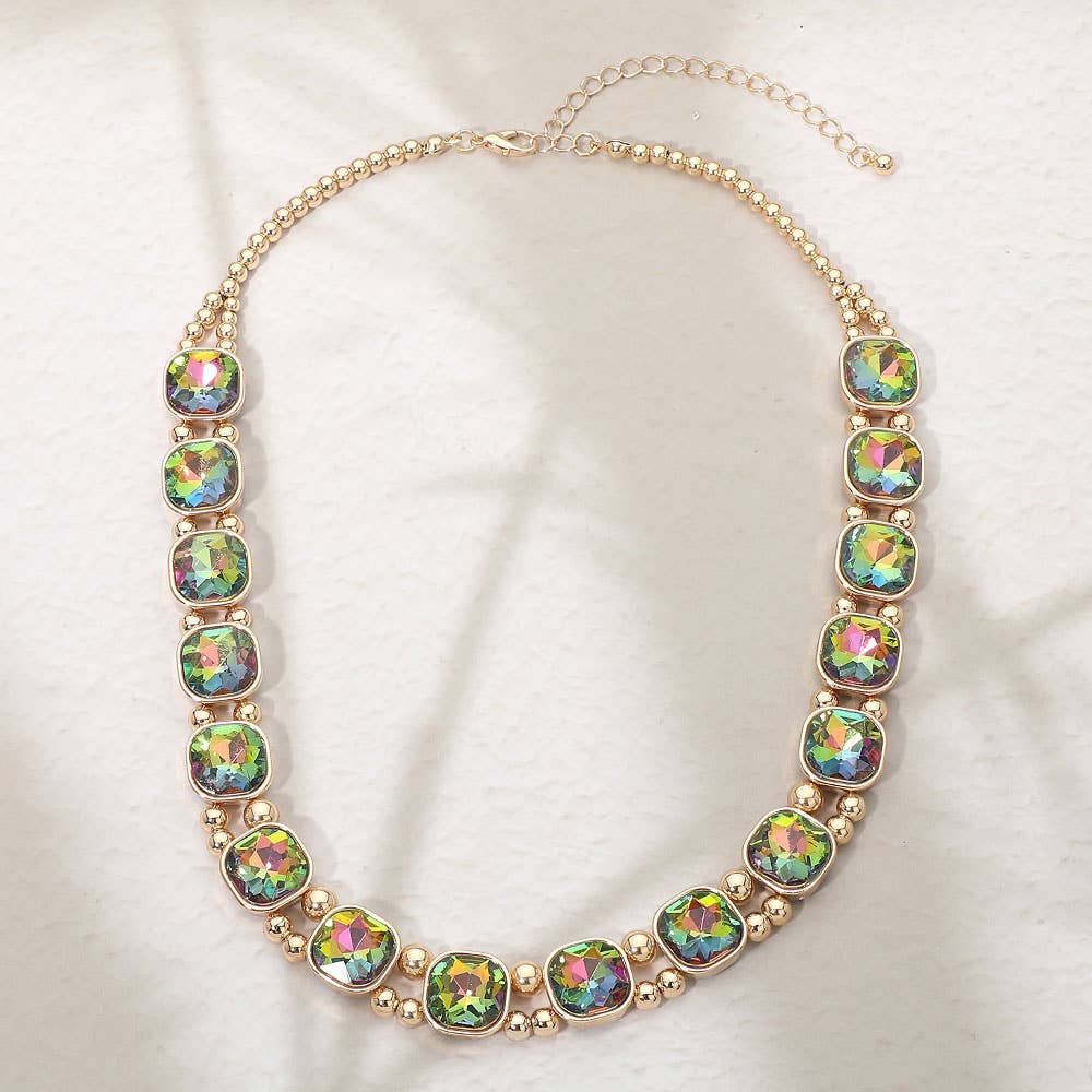 Square Faceted Stone Bezel Link Evening Necklace