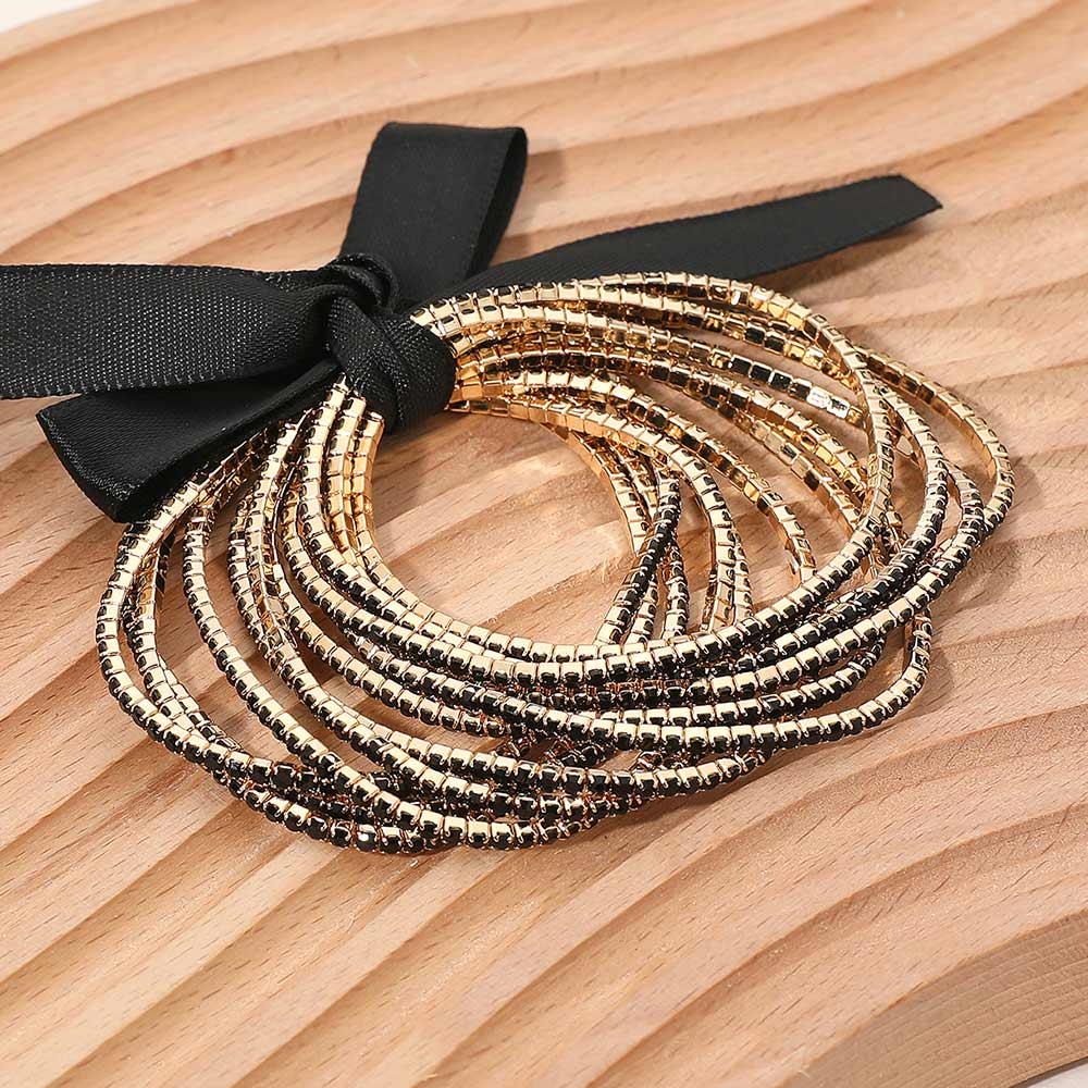 12PCS - Ribbon Slim Rhinestone Stretch Multi Layered Bracelet