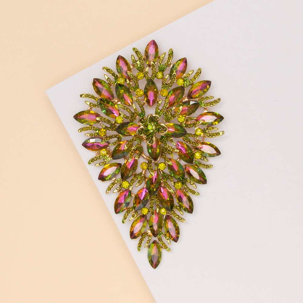 Crystal Rhinestone Cluster Pear Shaped Leaf Brooch Pin