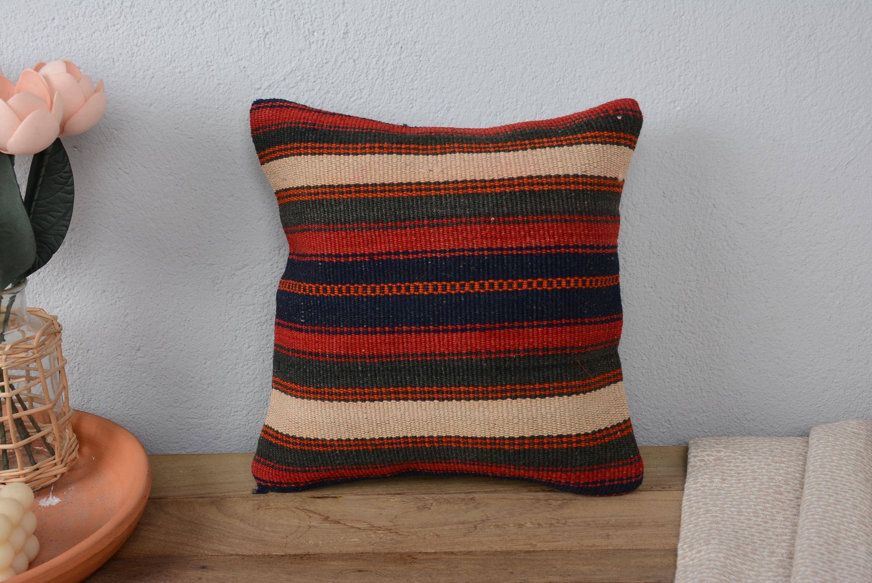 Vintage Turkish Kilim Pillow 12x12 Rustic Striped Red