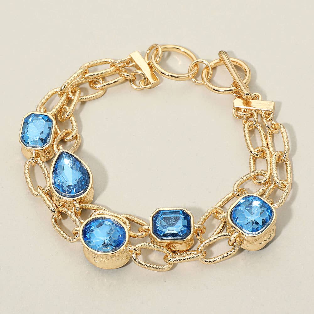 Faceted Oval Teardrop Rectangular Stone Cluster Link Metal Chain Layered Bracelet