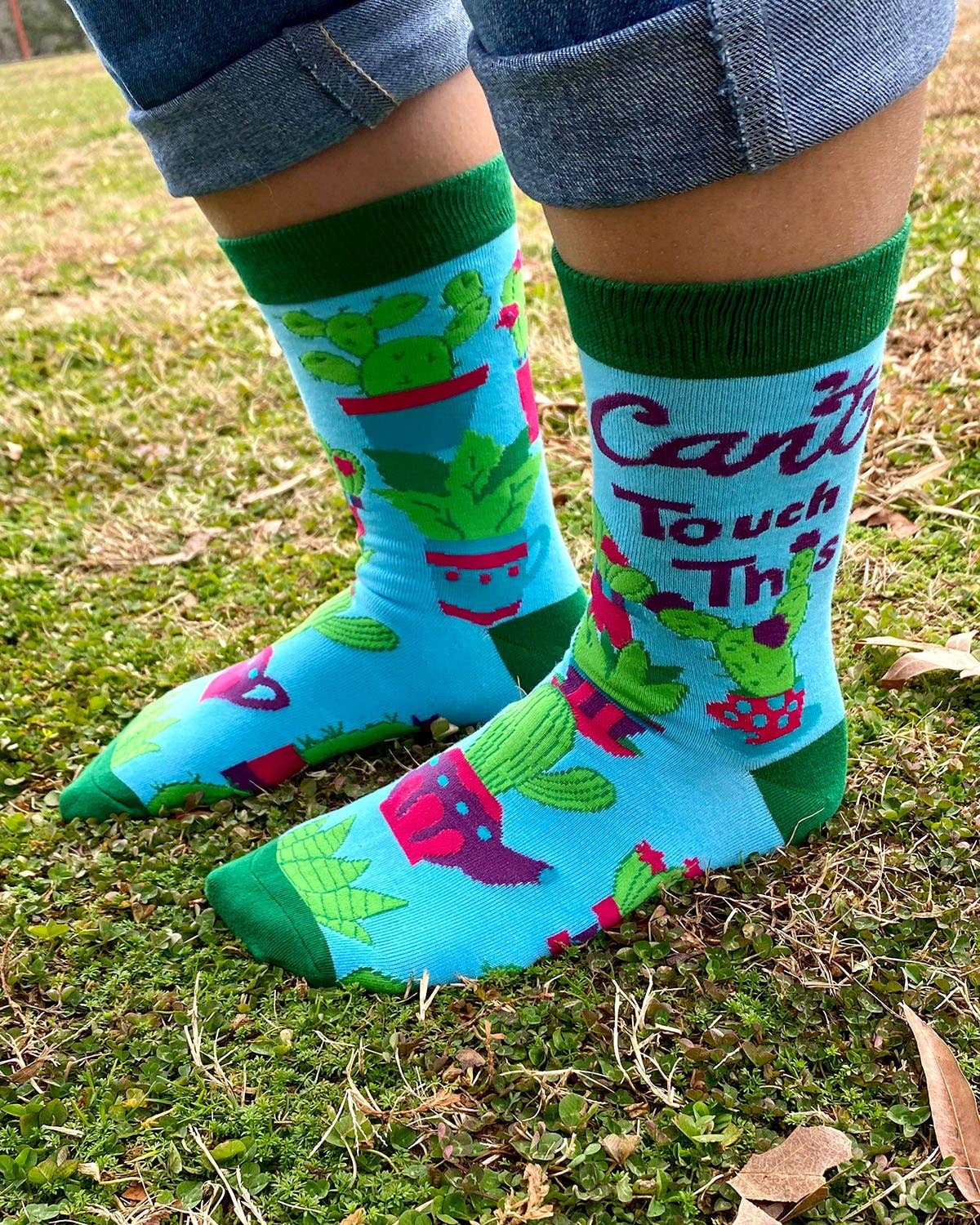 8605. Can't Touch This Women's Crew Socks Featuring Prickly Cactus