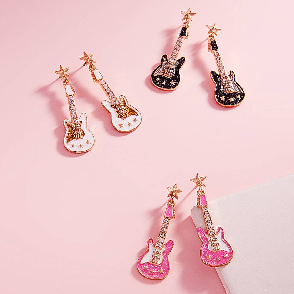 Stone Embellished Glittered Enamel Guitar Dangle Earrings