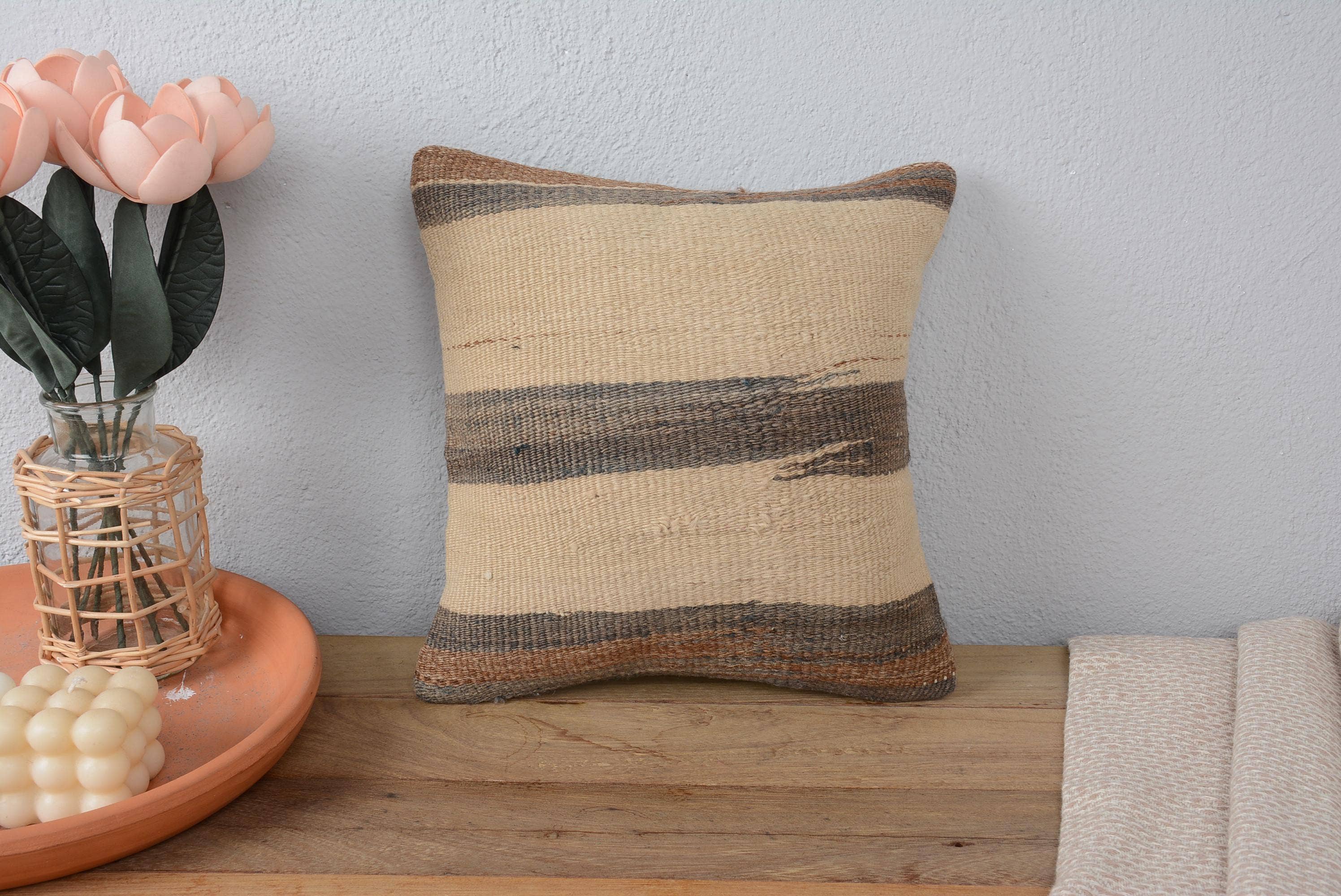 7111. Turkish Kilim Rug Pillow 12x12 for Sofa Beige Rustic Striped