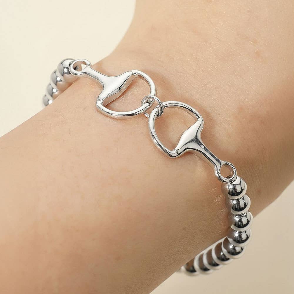 Metal Horsebit Link Accent Ball Beaded Stretch Bracelet