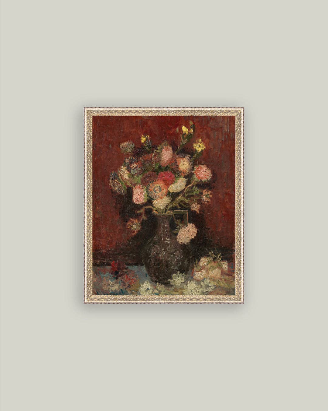 Chinese Asters and Gladioli Framed Antique Art