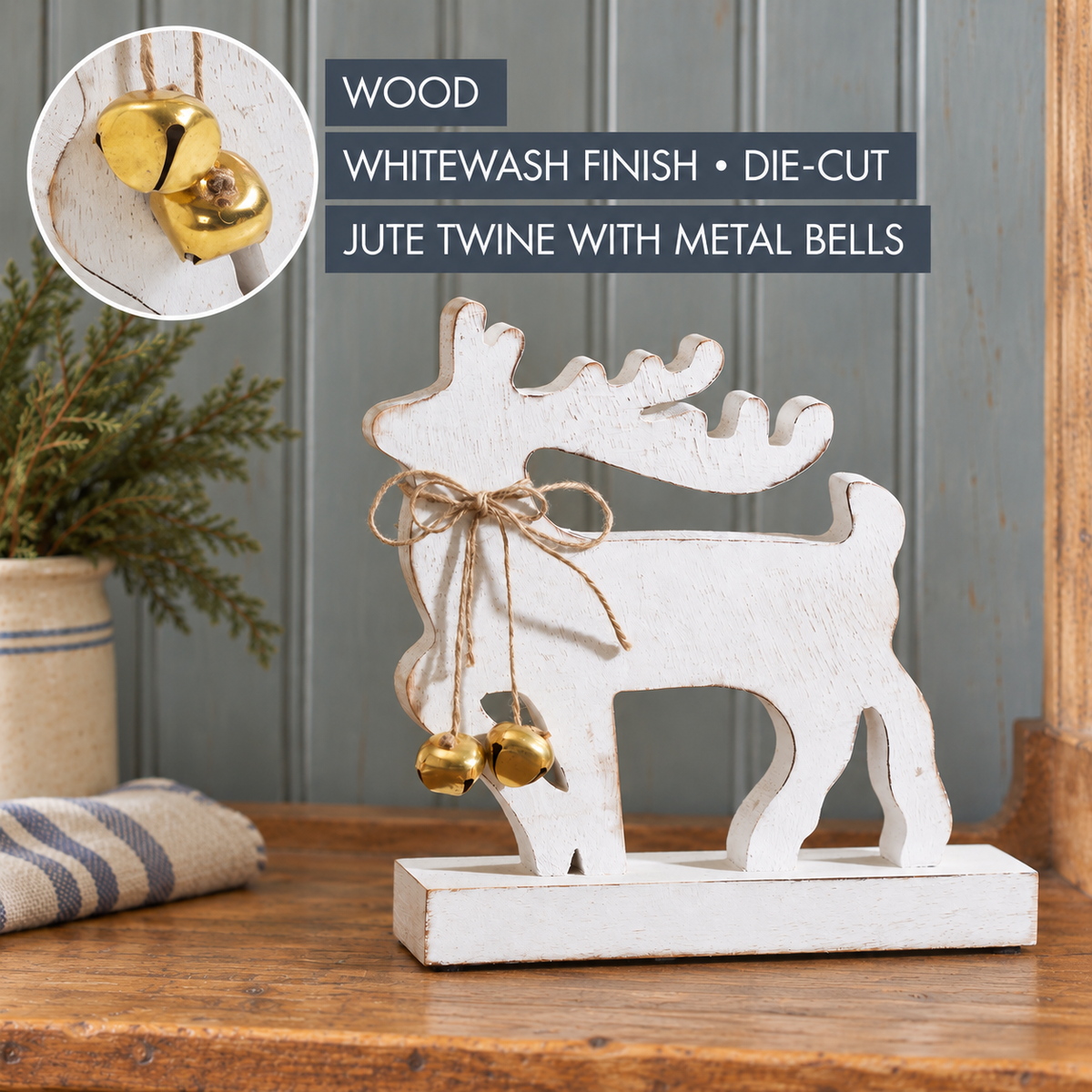 Distressed White Wooden Reindeer Christmas Decor 8"