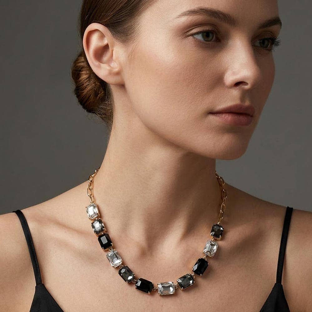 Cushion Rectangular Stone Cluster Link Evening Necklace