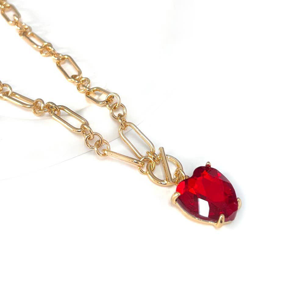 Love Heart Crystal Glass Charm Chain Link Toggle Necklace