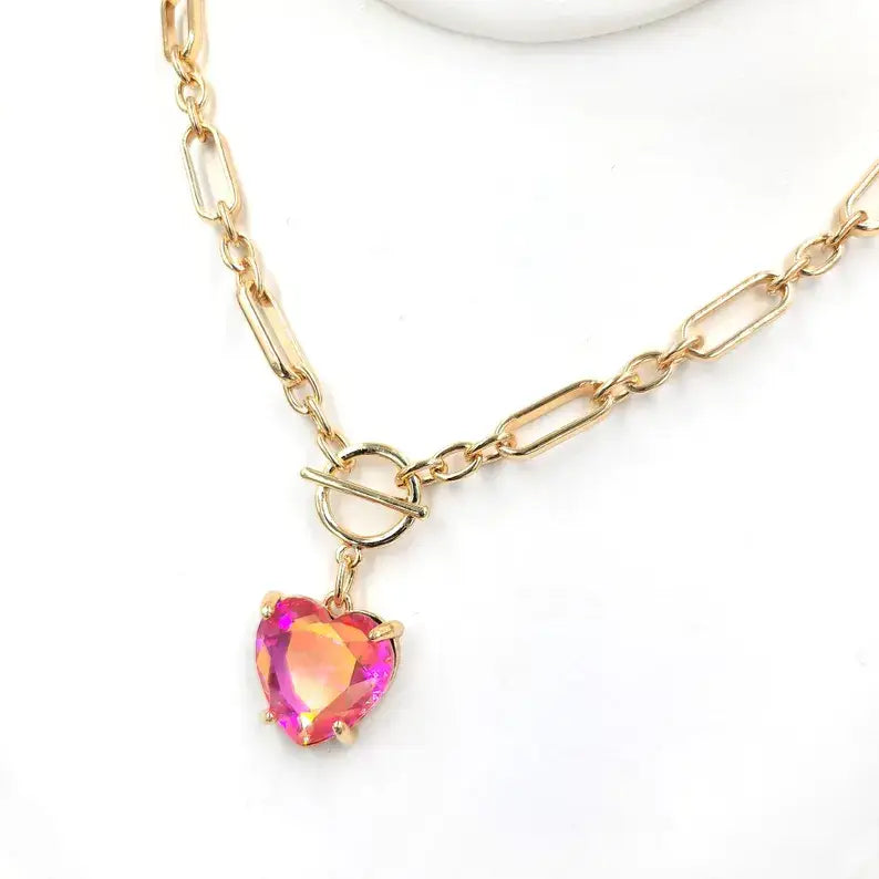 Love Heart Crystal Glass Charm Chain Link Toggle Necklace