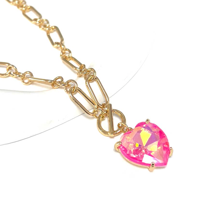 Love Heart Crystal Glass Charm Chain Link Toggle Necklace
