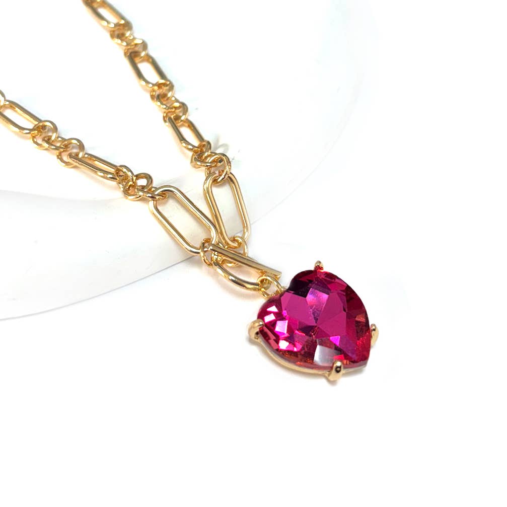 Love Heart Crystal Glass Charm Chain Link Toggle Necklace