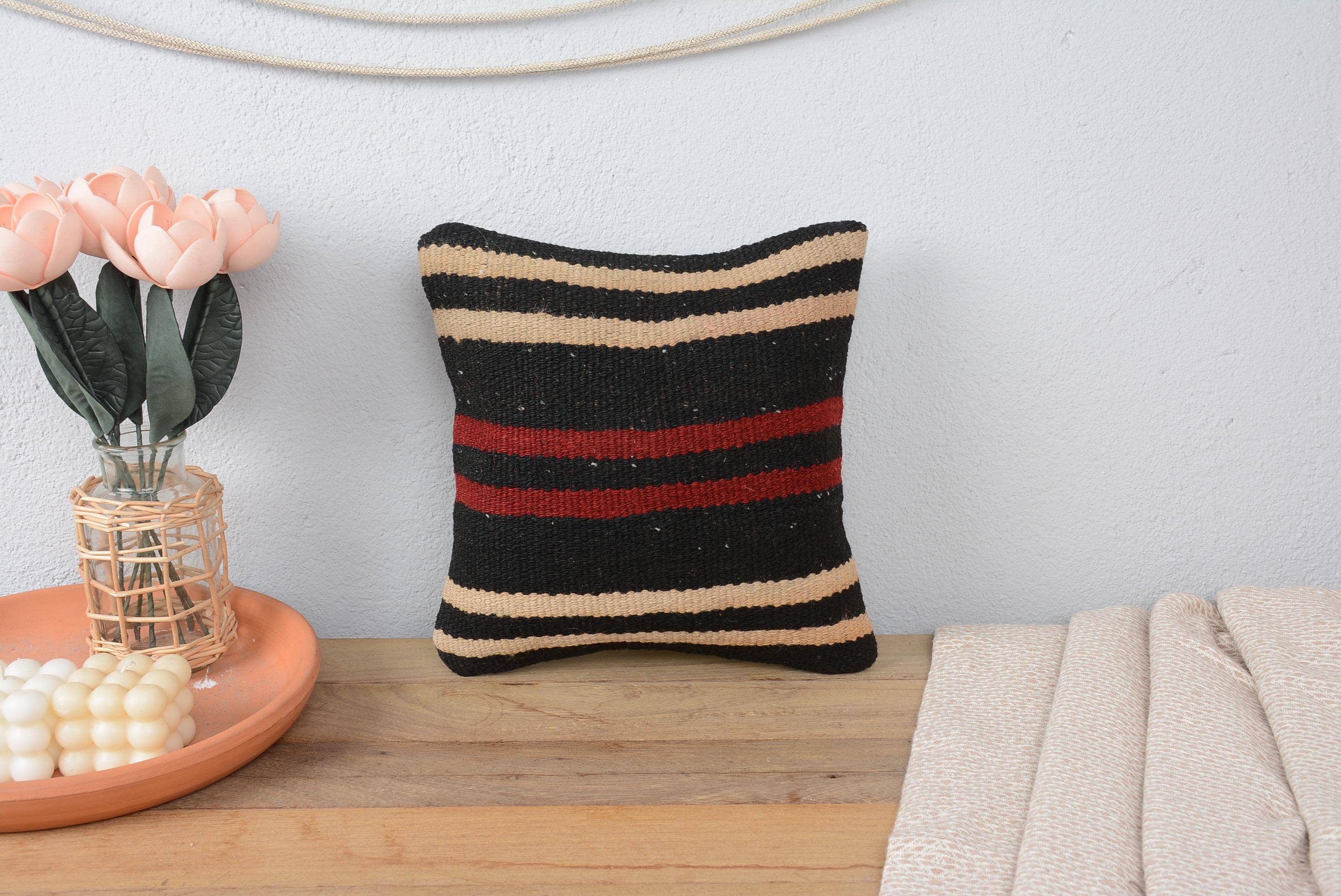 Turkish Kilim Cushion Sham 12x12 Brown Striped