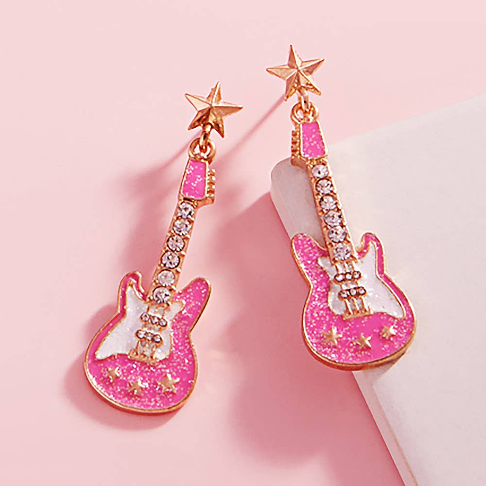 Stone Embellished Glittered Enamel Guitar Dangle Earrings