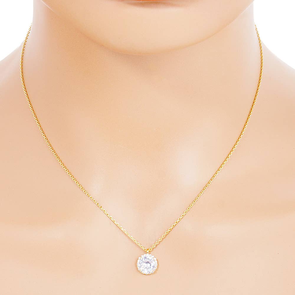 Gold Dipped Round CZ Stone Pendant Necklace