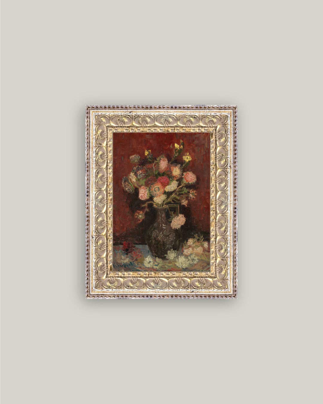 Chinese Asters and Gladioli Framed Antique Art