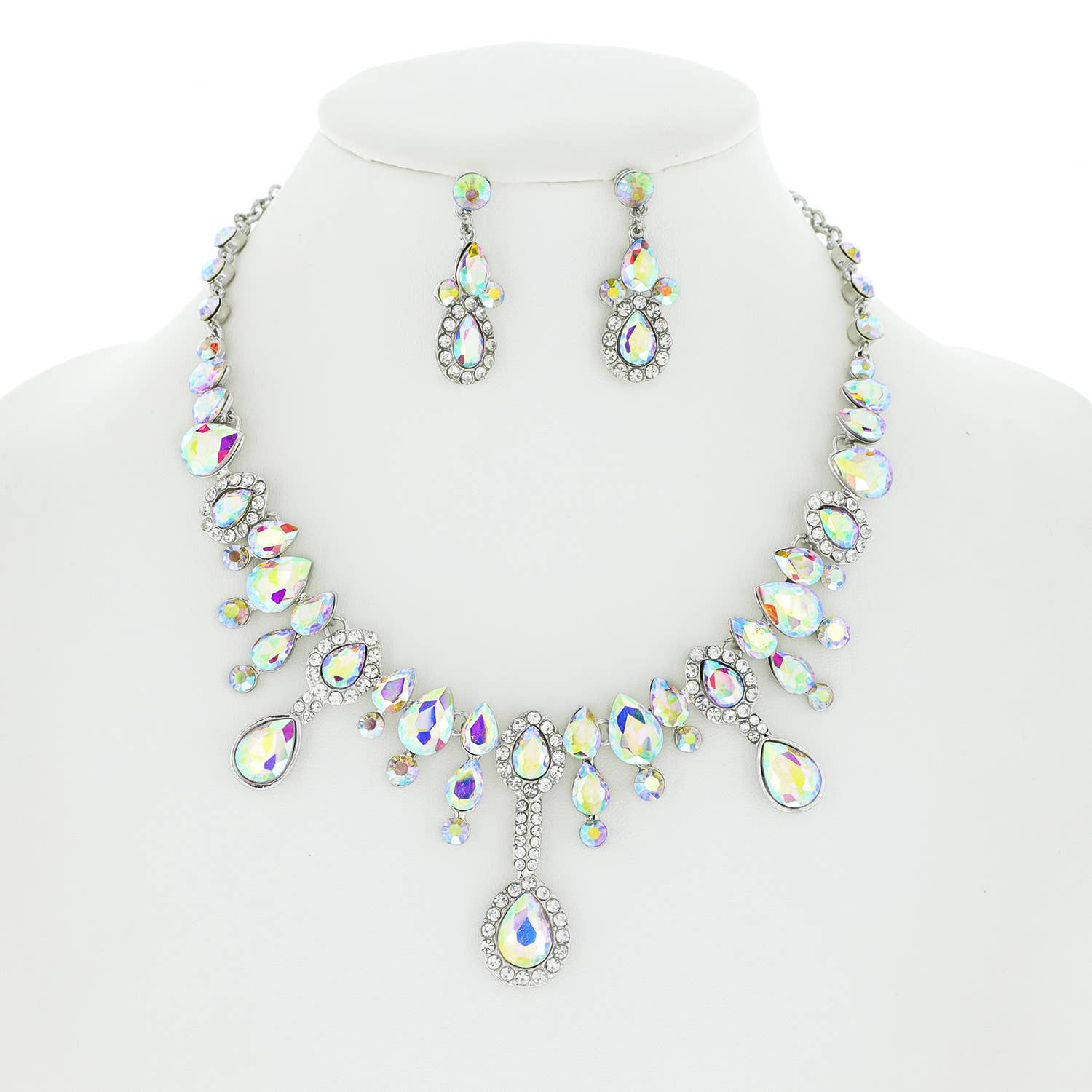 Teardrop Crystal Cluster Necklace Earrings Set